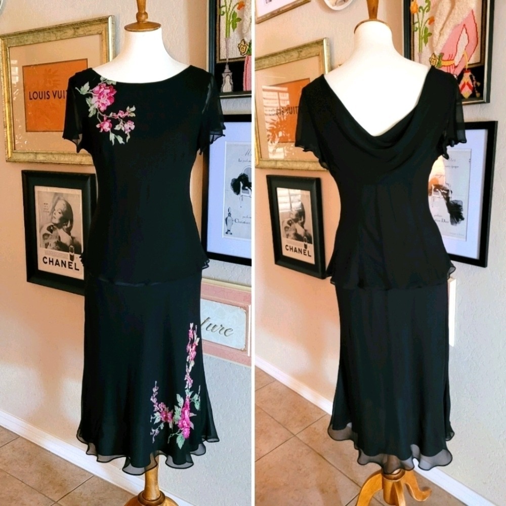 Robbie Bee 90s Black Floral Embroidered 2 Piece Peplum Top and Midi Skirt Set - Picture 2 of 9